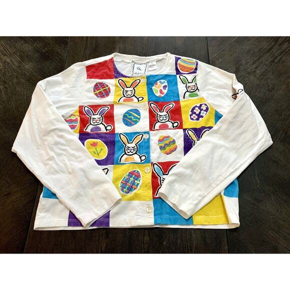 Vintage Michael Simon Easter Bunny Eggs Thin Cardigan White Sweater Large L - Picture 10 of 13